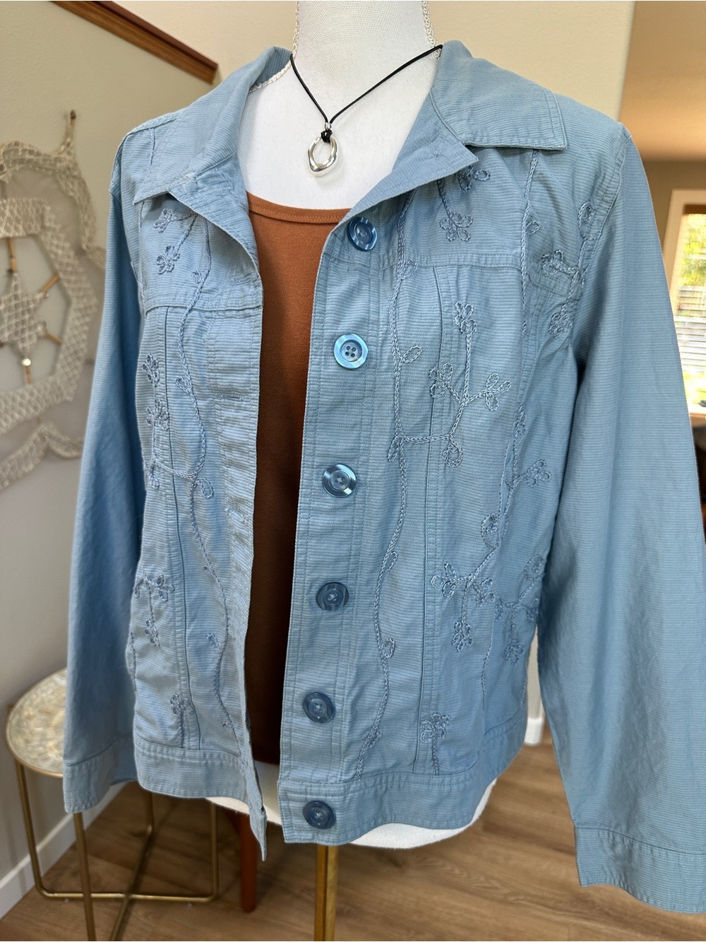Light Blue Embroidered Button-Front Jean Jacket - Women